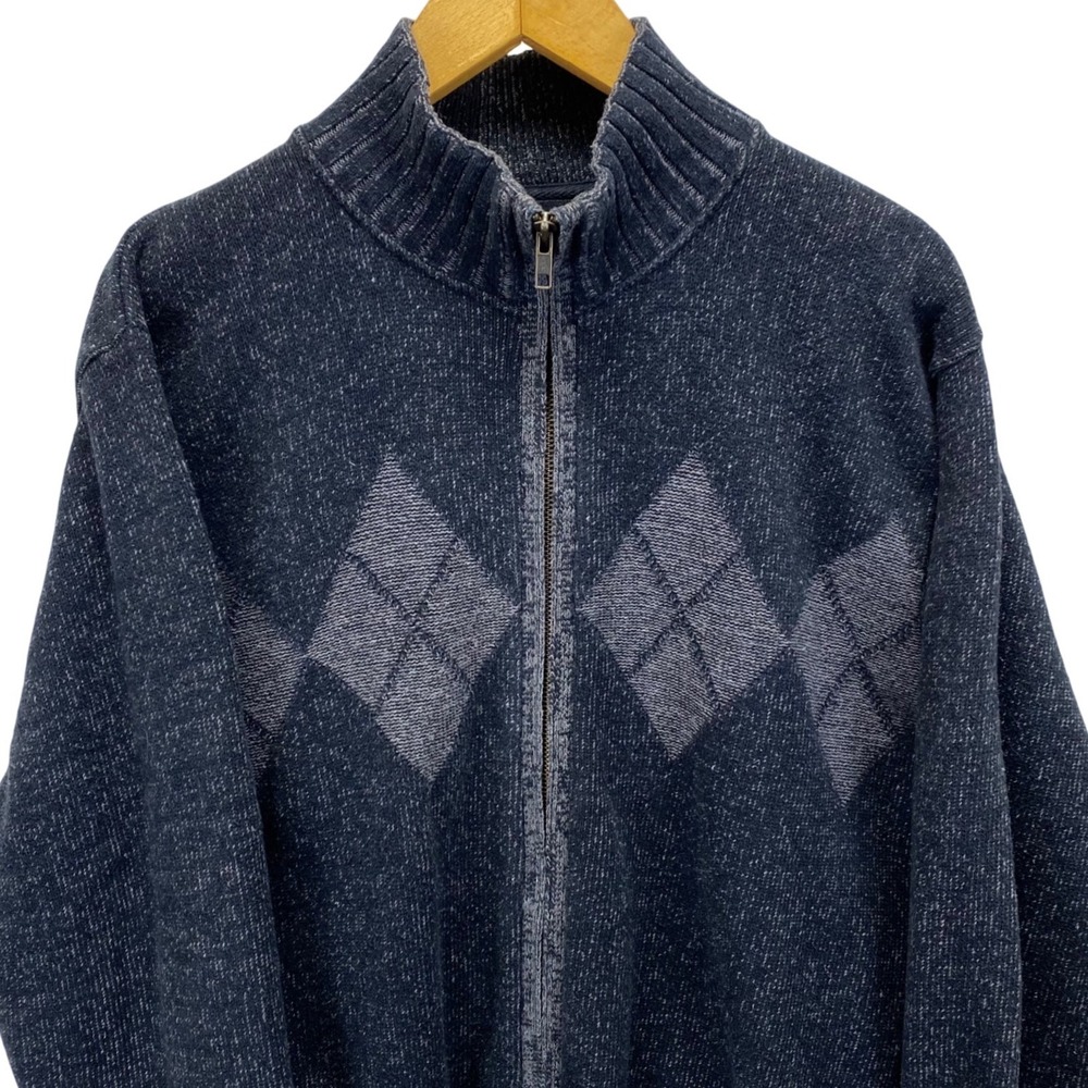VTG Bill Blass Mens Argyle Zip Up Mock Neck Sweater Size L Diamond Pattern 80's